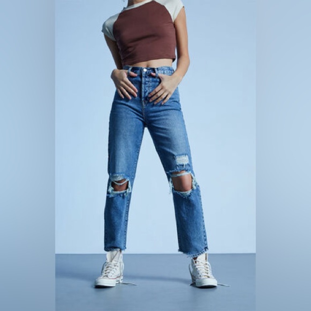PacSun Eco Medium Blue Distressed High Waisted Straight Leg Jeans, 28